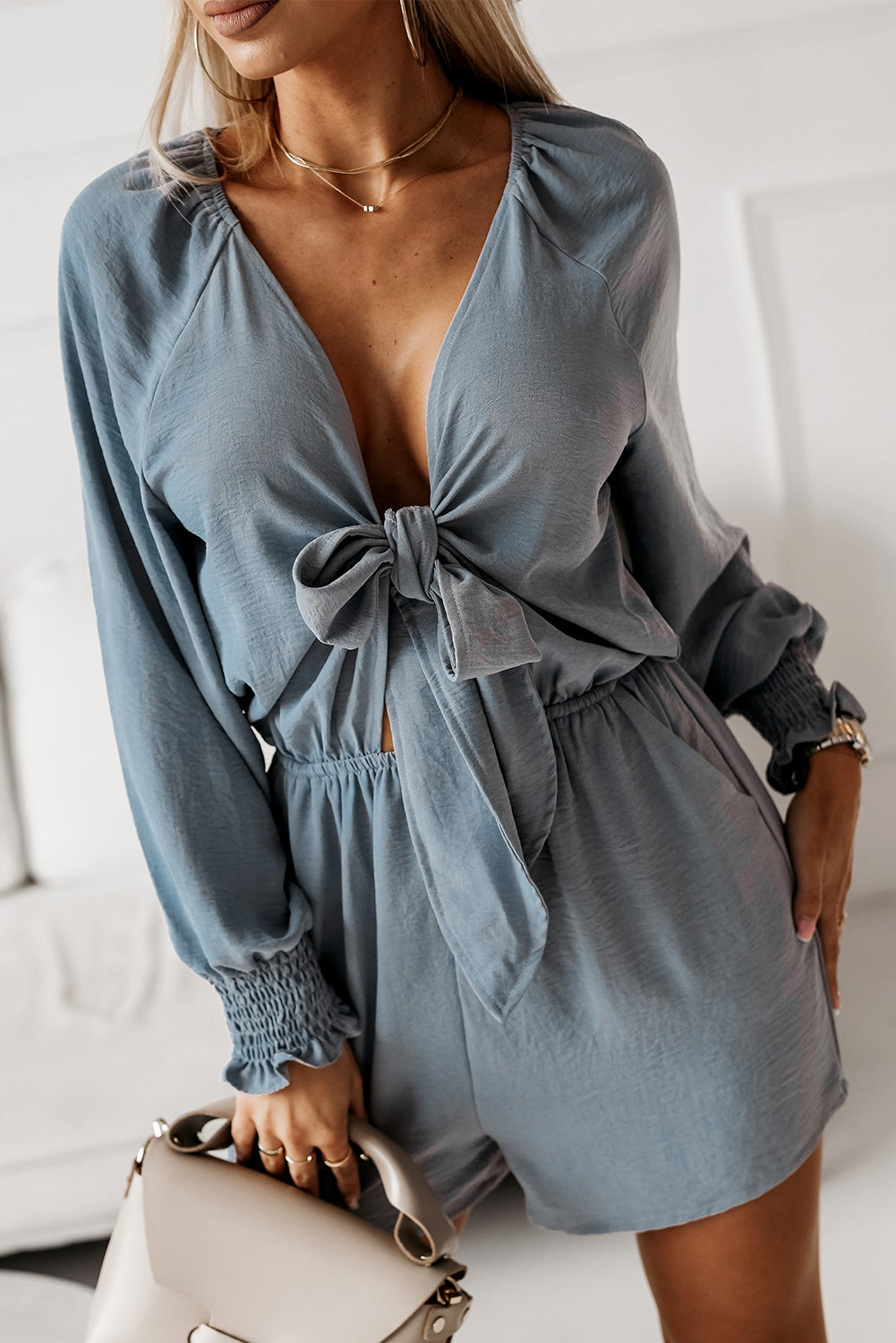 Tied Flounce Sleeve Plunge Romper - Lecatta