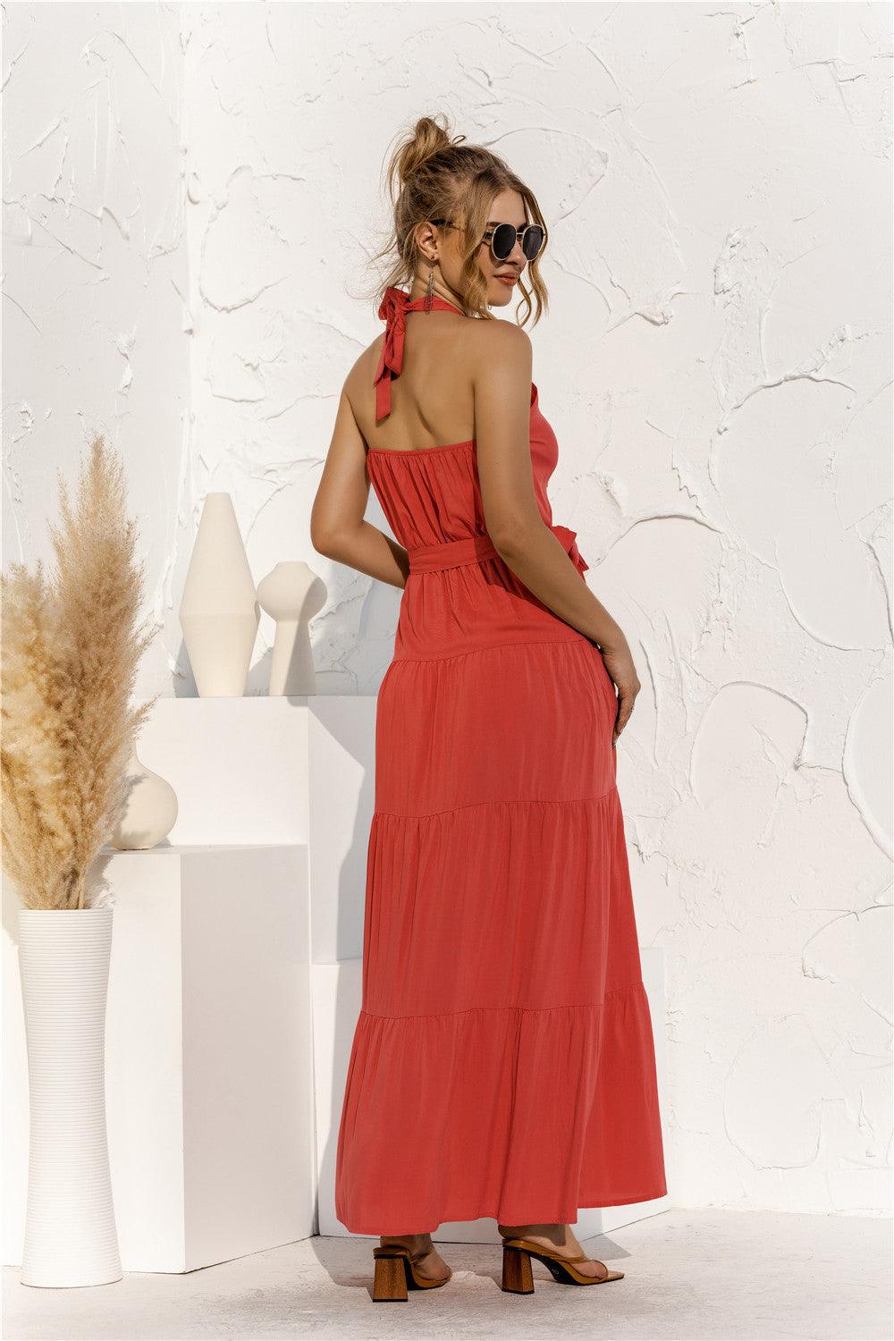 Halter Neck Tie Waist Tiered Maxi Dress - Lecatta