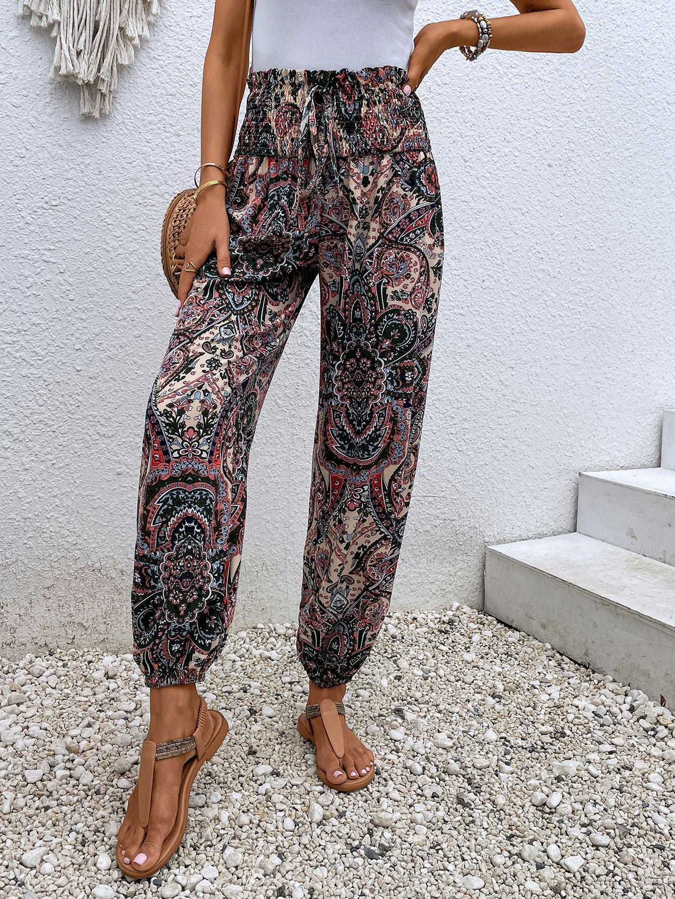 Paisley Print Smocked High-Waist Pants - Lecatta