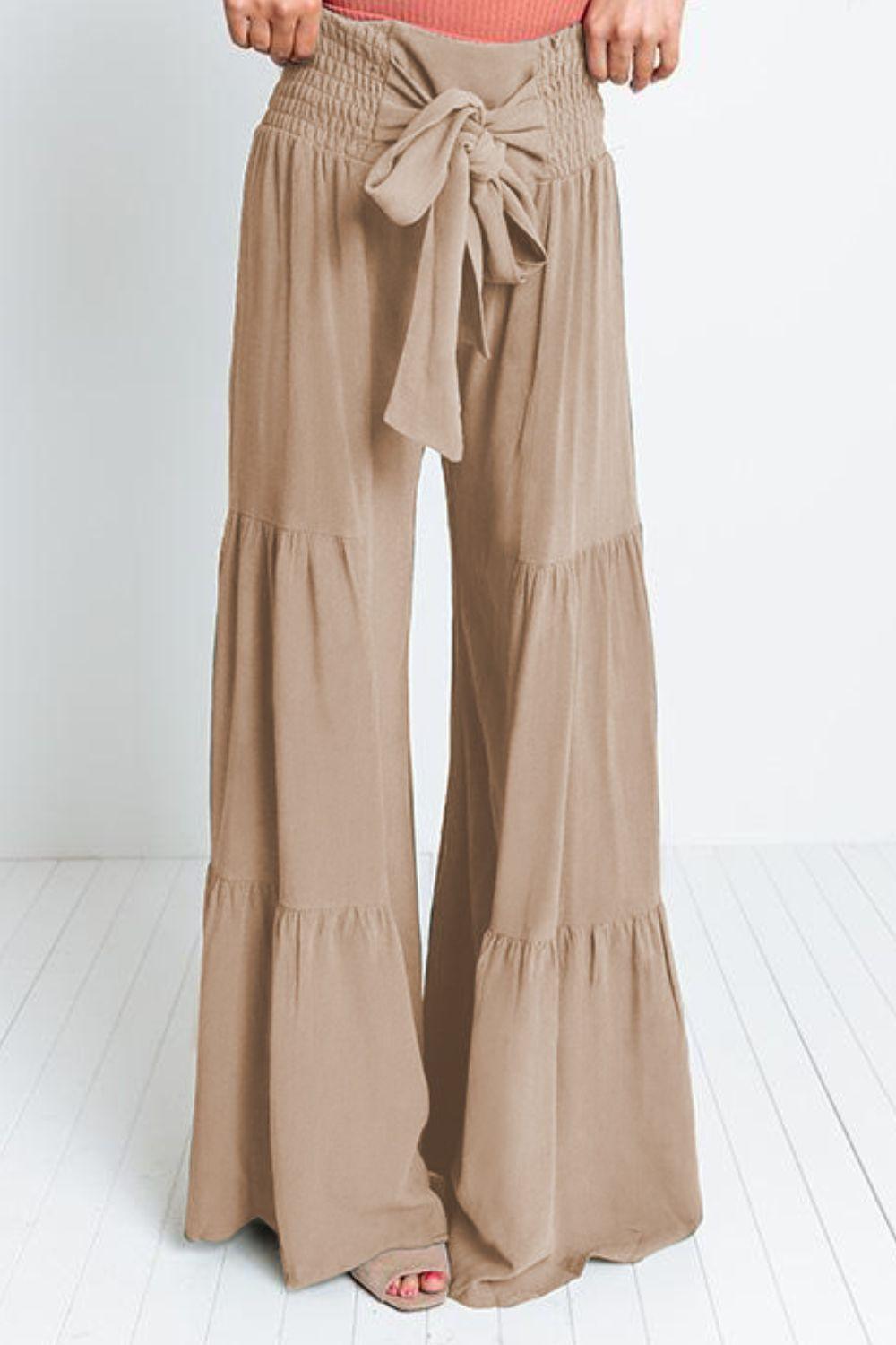 Tie Front Smocked Tiered Culottes - Lecatta