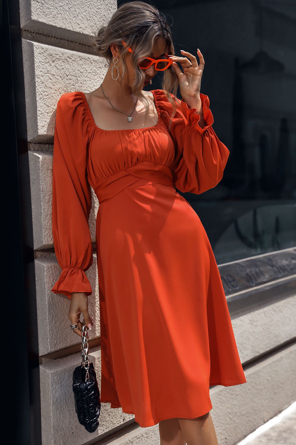 Square Neck Flounce Sleeve Midi Dress - Lecatta