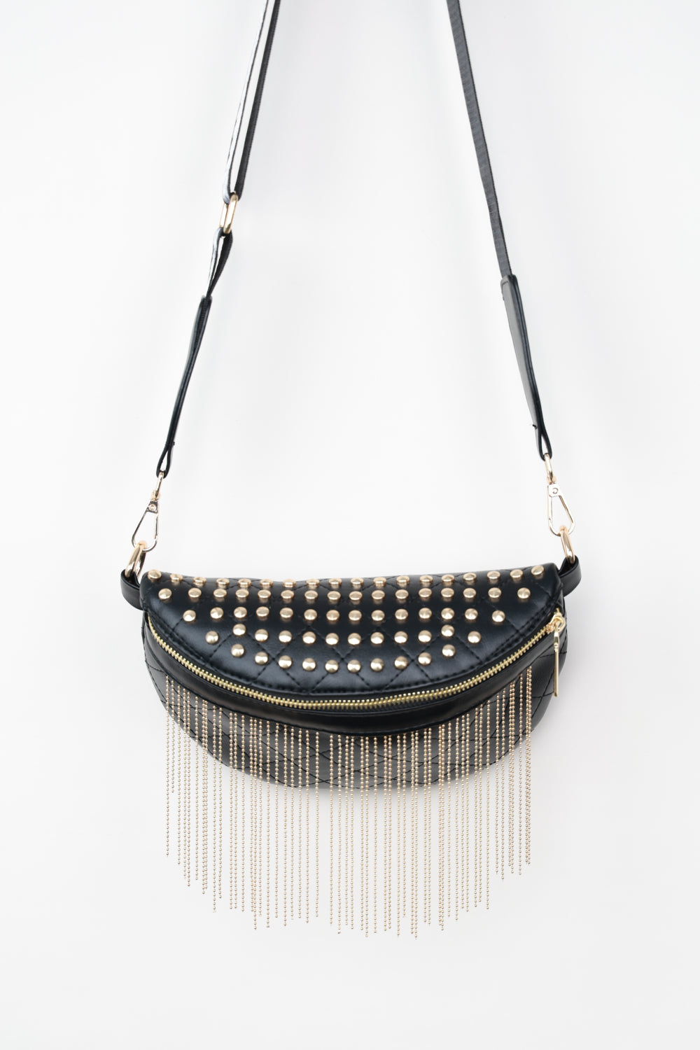 Faux Leather Studded Sling Bag with Fringes - Lecatta