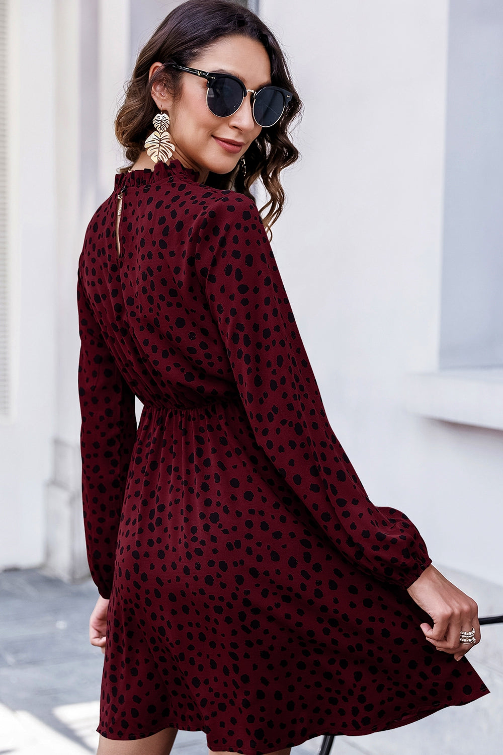 Printed Mock Neck Long Sleeve Midi Dress - Lecatta