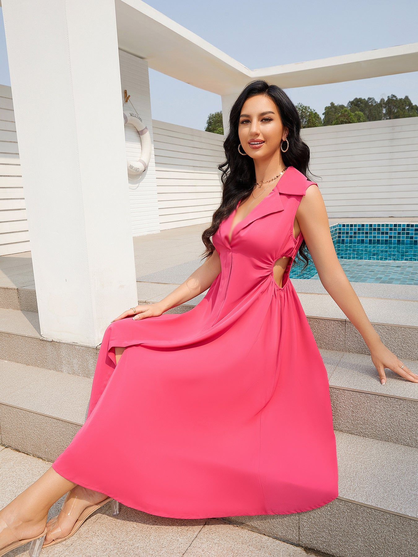 Front Slit Lapel Collar Cutout Midi Dress - Lecatta