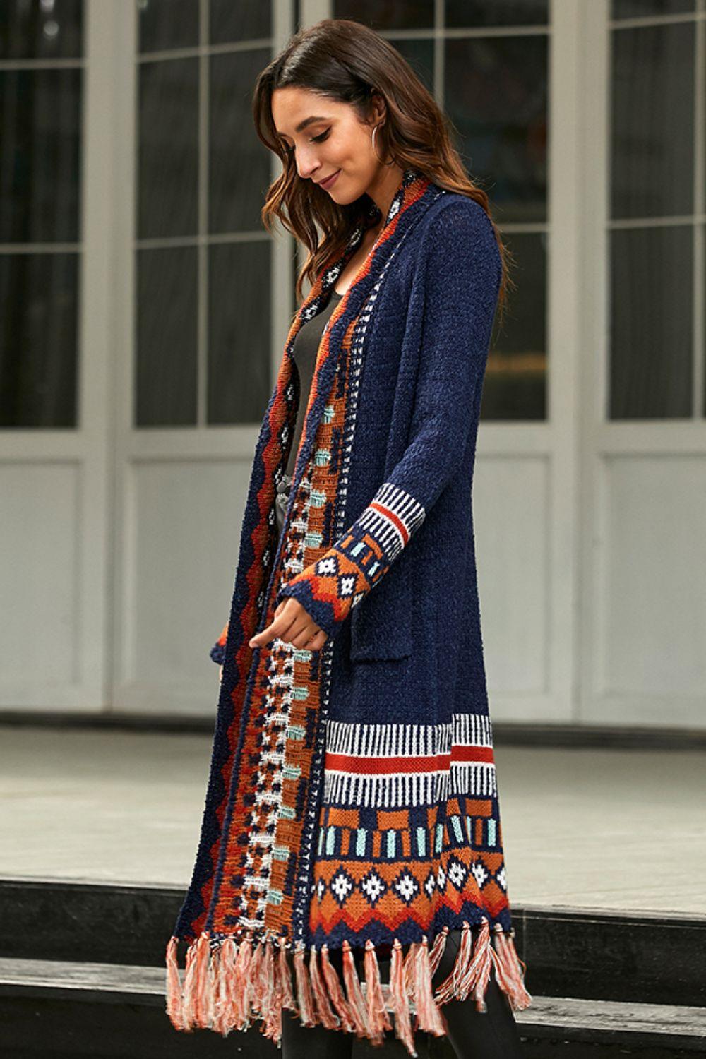 Bohemian Tassel Hem Open Front Duster Cardigan - Lecatta