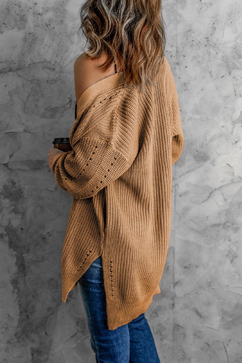 Openwork Rib-Knit Slit Cardigan - Lecatta