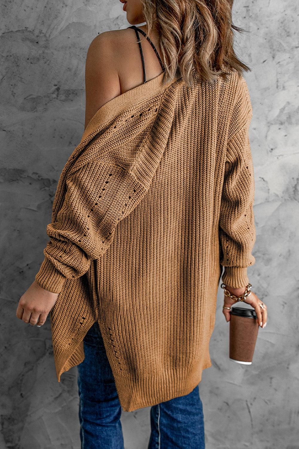 Openwork Rib-Knit Slit Cardigan - Lecatta