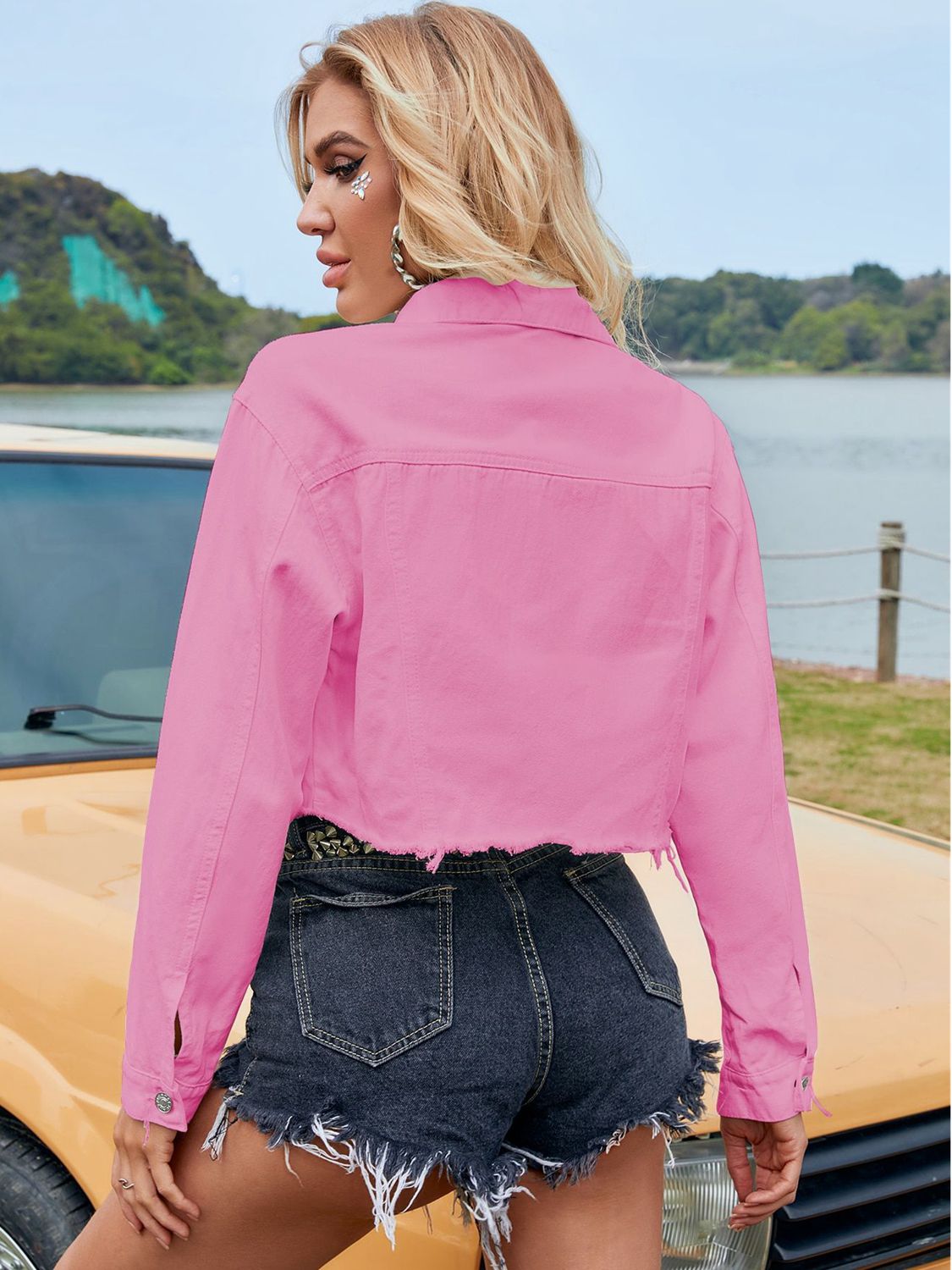 Cropped Collared Neck Raw Hem Denim Jacket - Lecatta