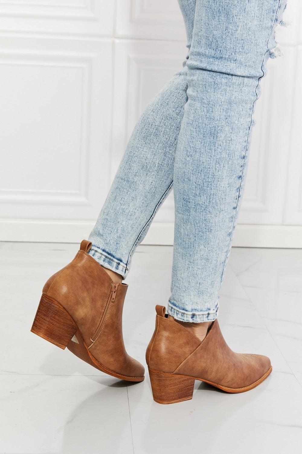 MMShoes Trust Yourself Embroidered Crossover Cowboy Bootie in Caramel - Lecatta