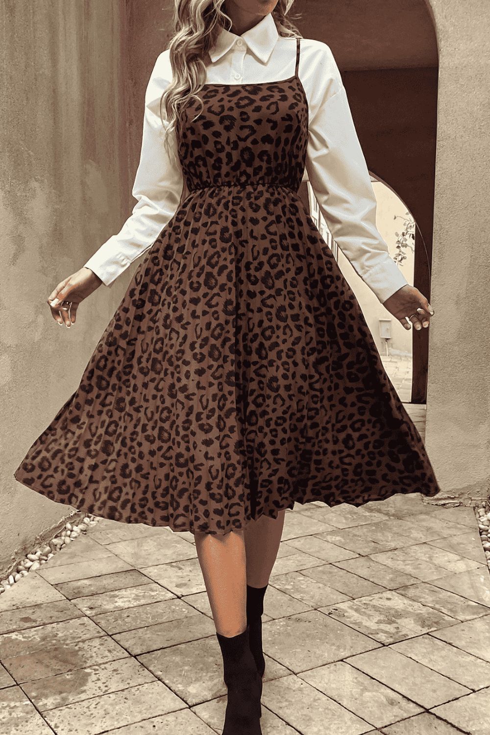 Leopard Print Spaghetti Straps Straight Neck Midi Dress - Lecatta