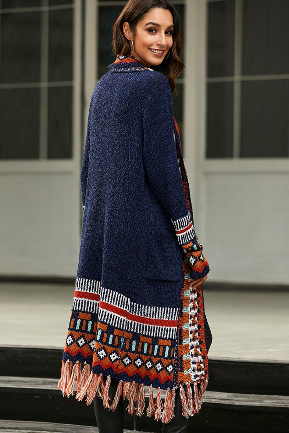 Bohemian Tassel Hem Open Front Duster Cardigan - Lecatta