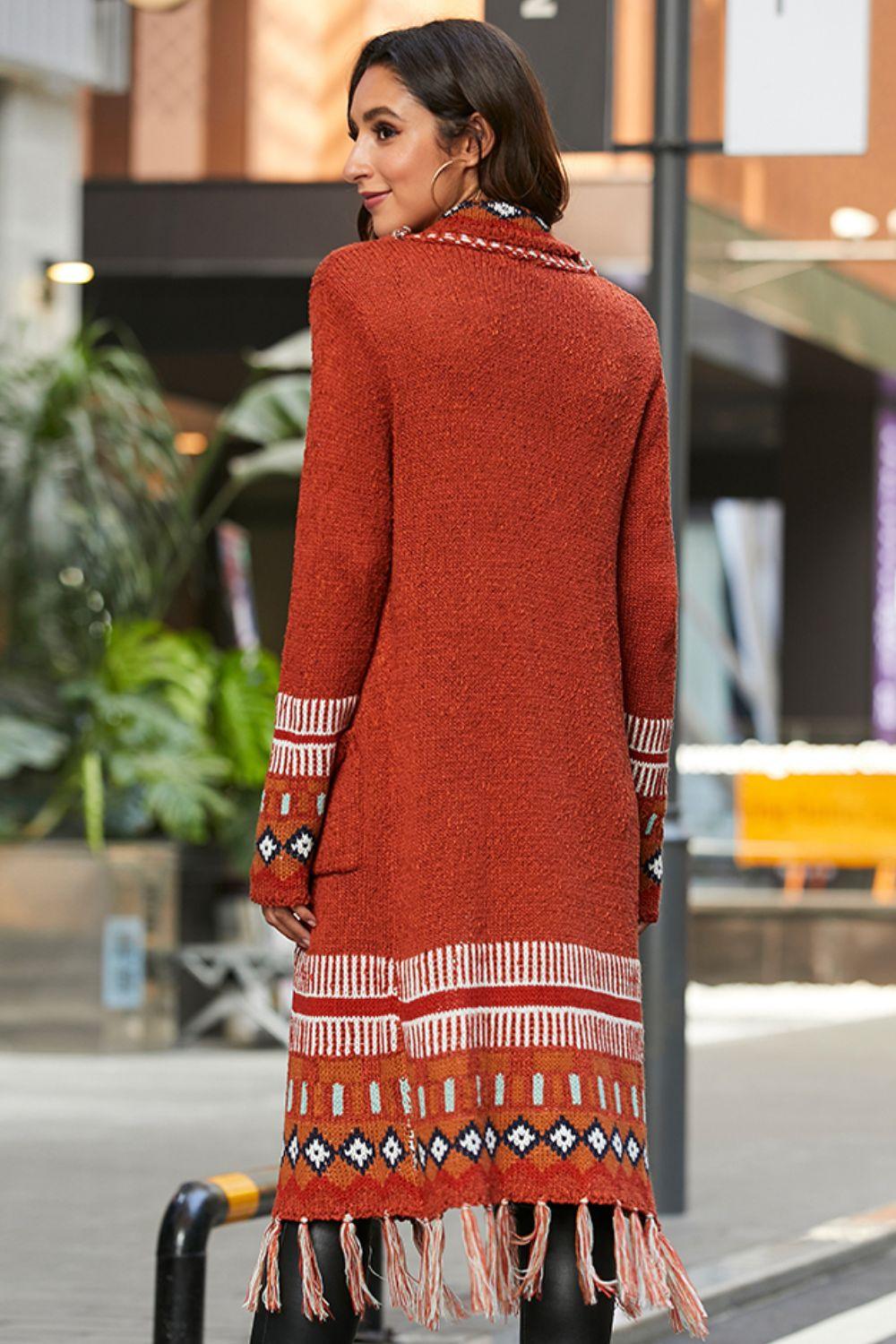 Bohemian Tassel Hem Open Front Duster Cardigan - Lecatta