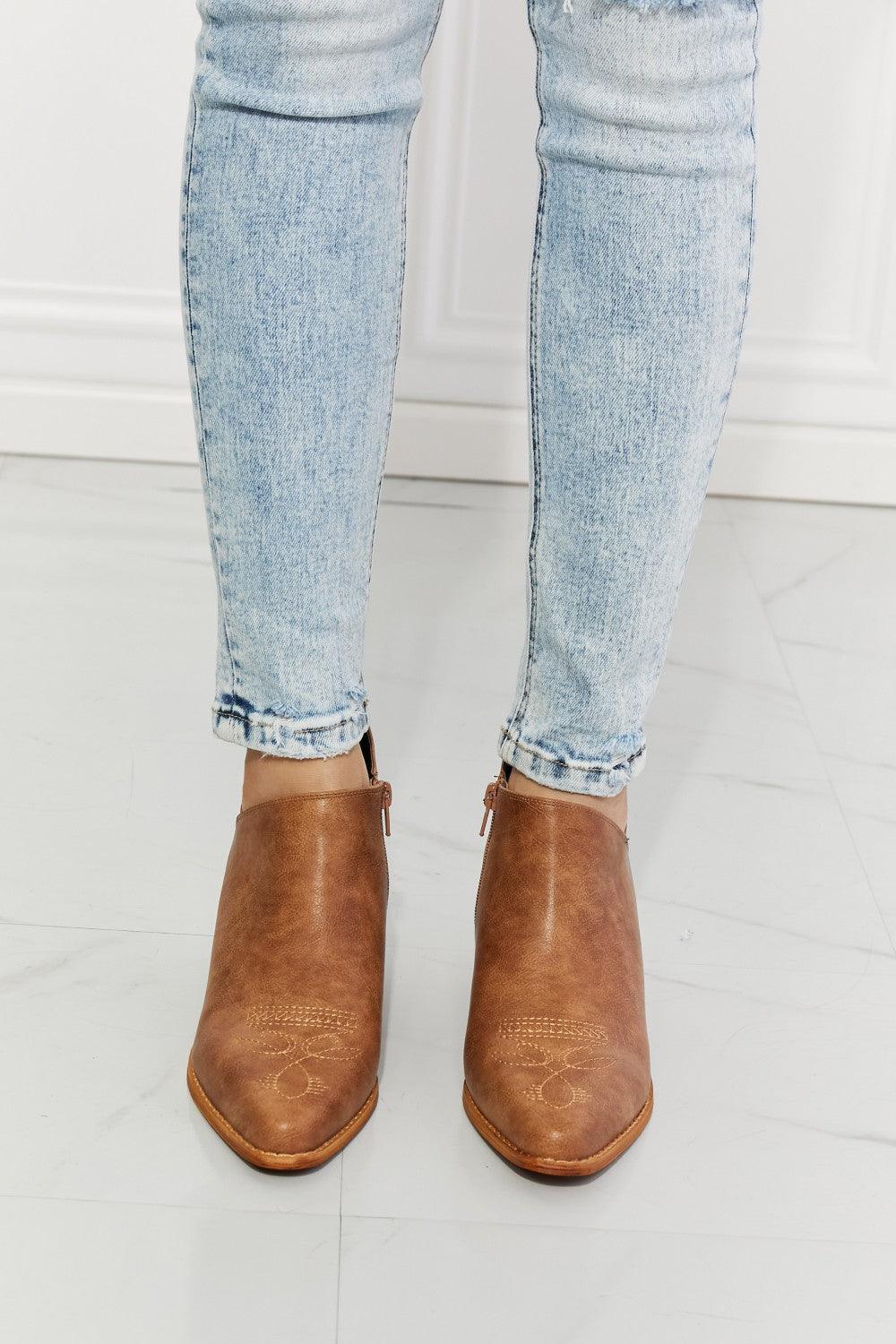 MMShoes Trust Yourself Embroidered Crossover Cowboy Bootie in Caramel - Lecatta