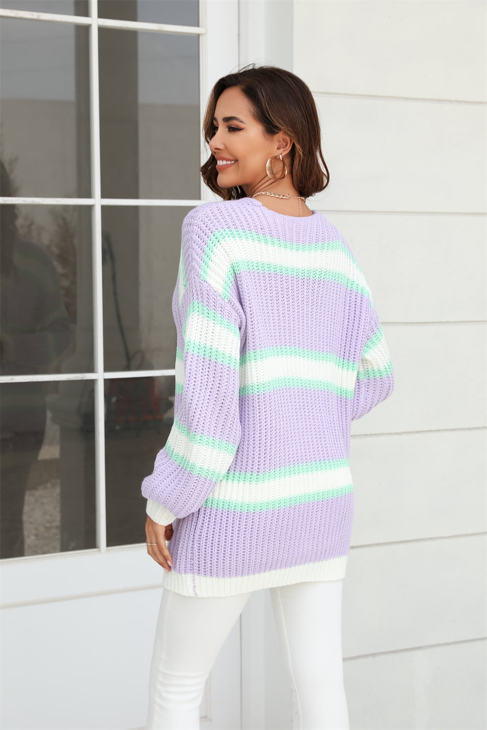 Color Block Ribbed Dropped Shoulder Open Front Cardigan - Lecatta