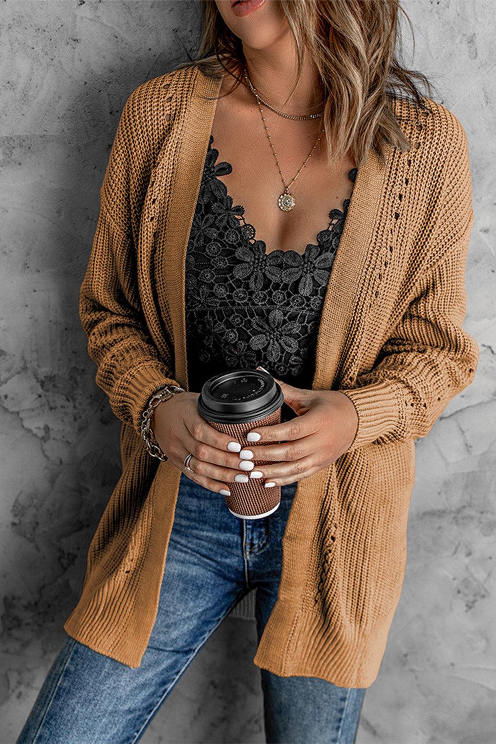 Openwork Rib-Knit Slit Cardigan - Lecatta