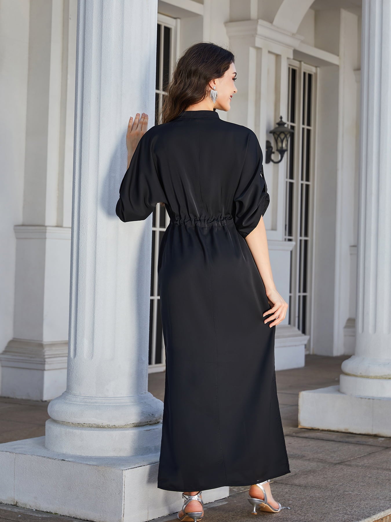 High Slit Roll-tab Sleeve Notched Neck Maxi Dress - Lecatta