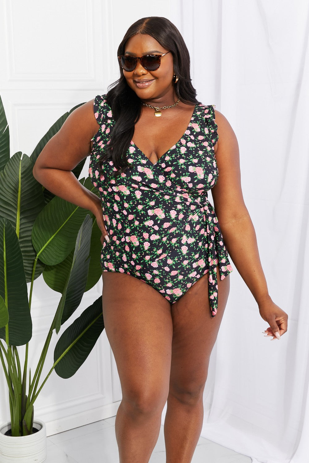 Ruffle Faux Wrap One-Piece in Floral - Lecatta