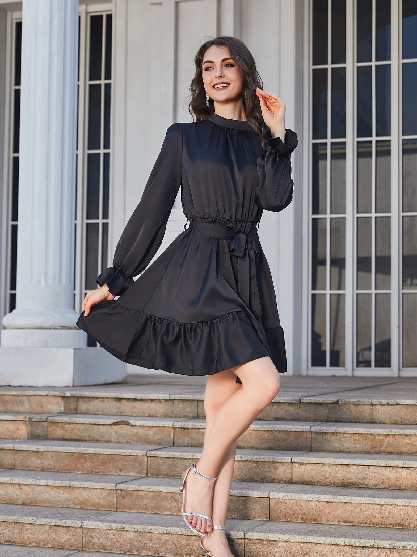 Ruffle Hem Tie Belt Mock Neck Knee Length Dress - Lecatta