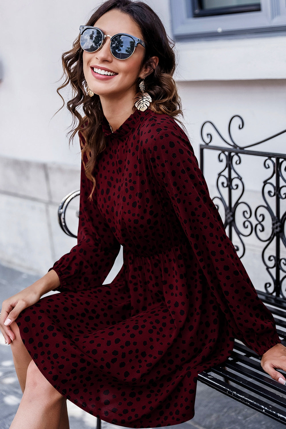 Printed Mock Neck Long Sleeve Midi Dress - Lecatta