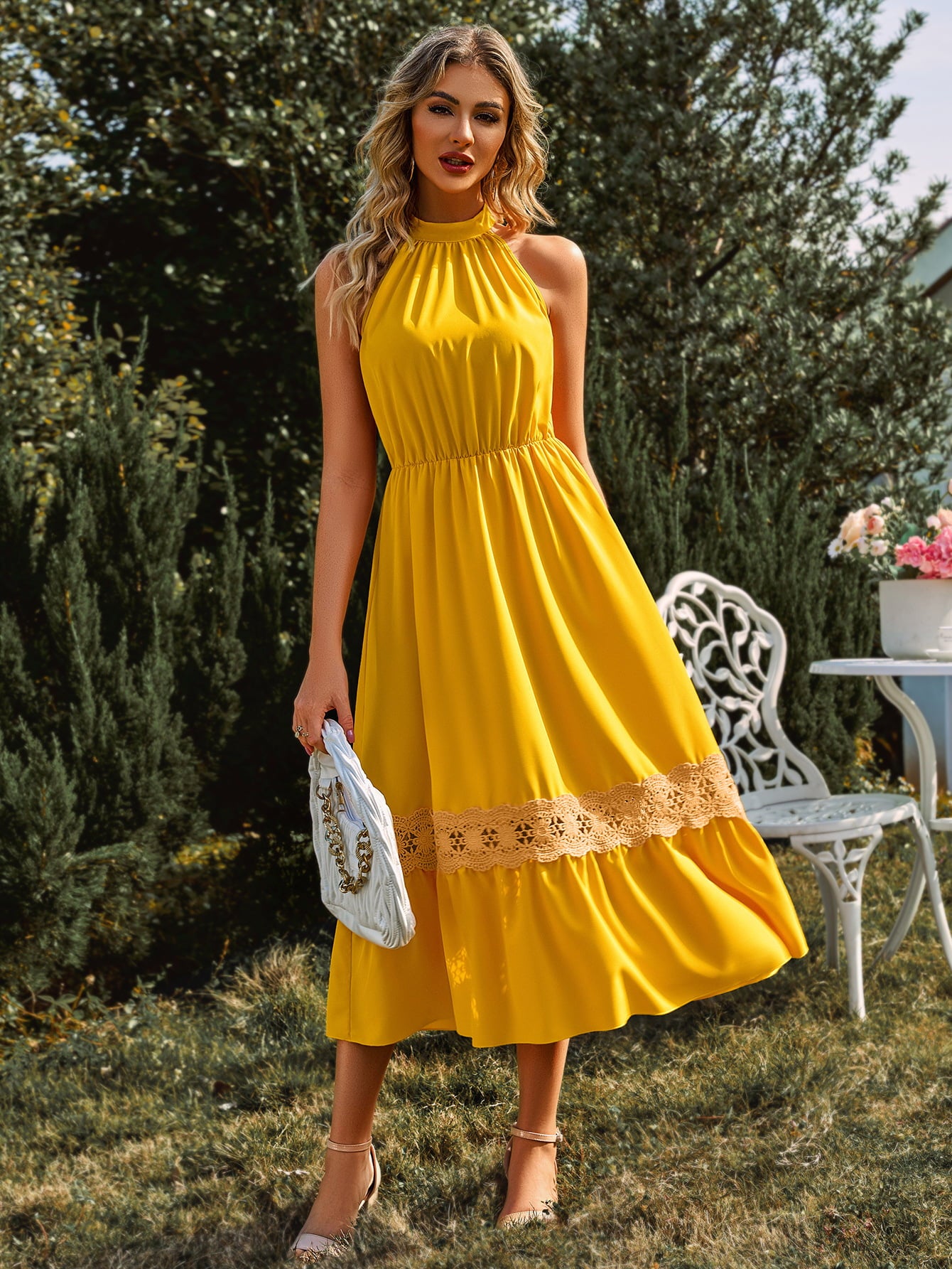 Grecian Neck Spliced Lace Midi Dress - Lecatta