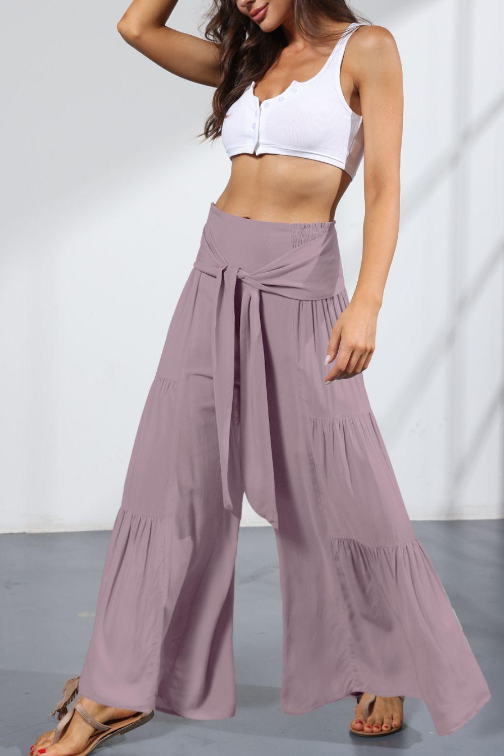 Tie Front Smocked Tiered Culottes - Lecatta