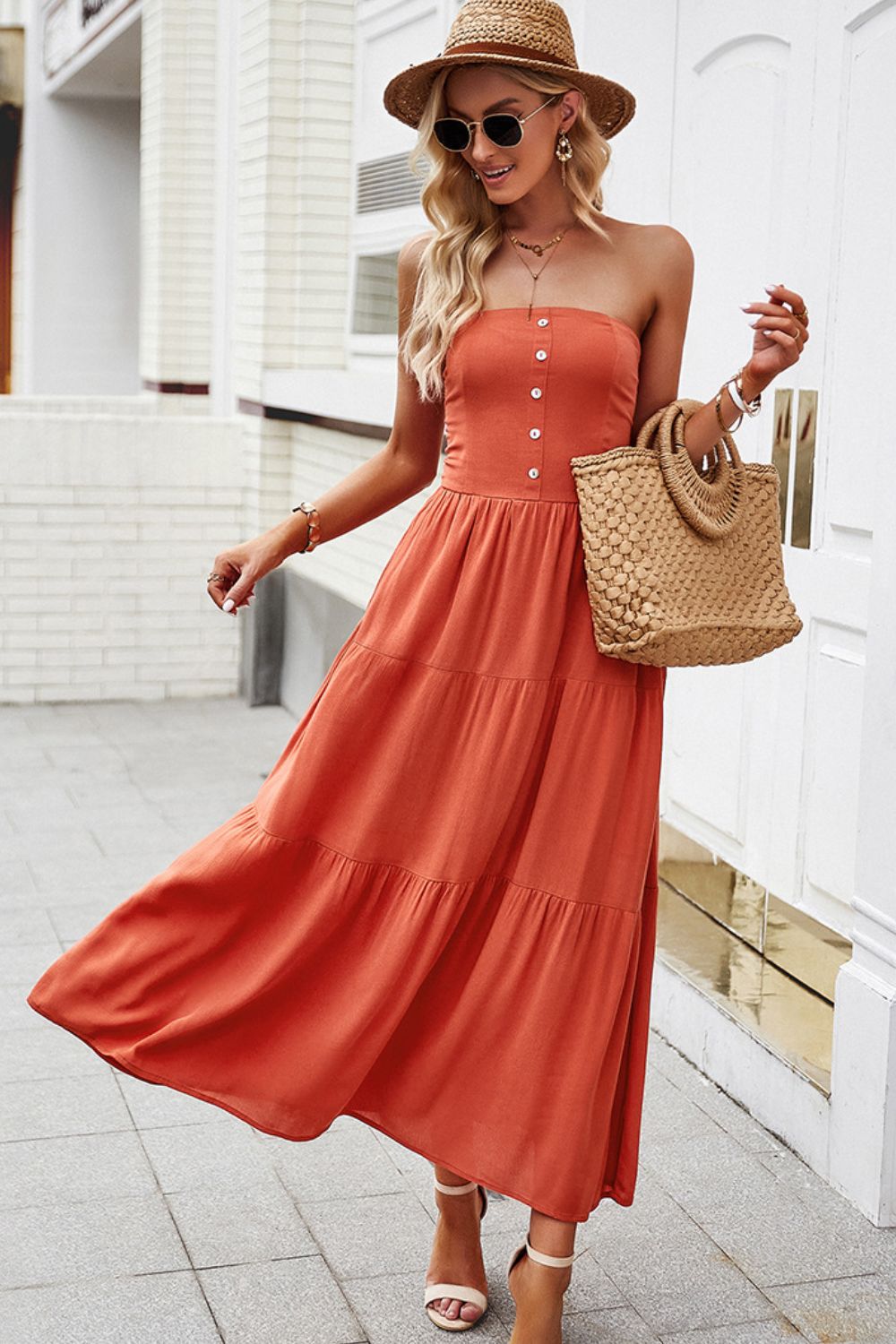 Strapless Buttoned Tiered Dress with Pockets - Lecatta