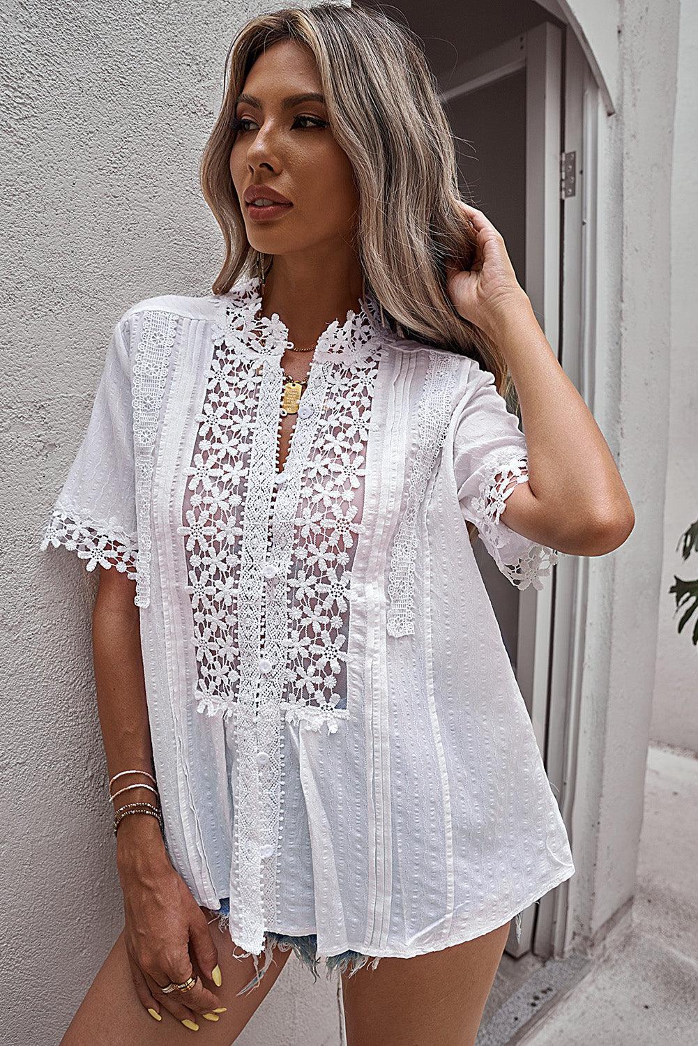 Buttoned Spliced Lace Blouse - Lecatta