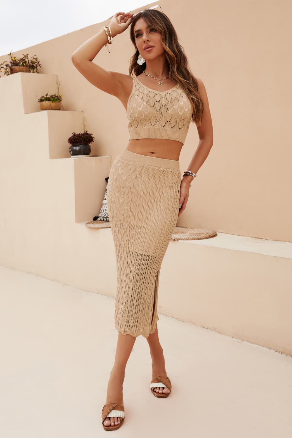 Openwork Cropped Tank and Split Skirt Set - Lecatta