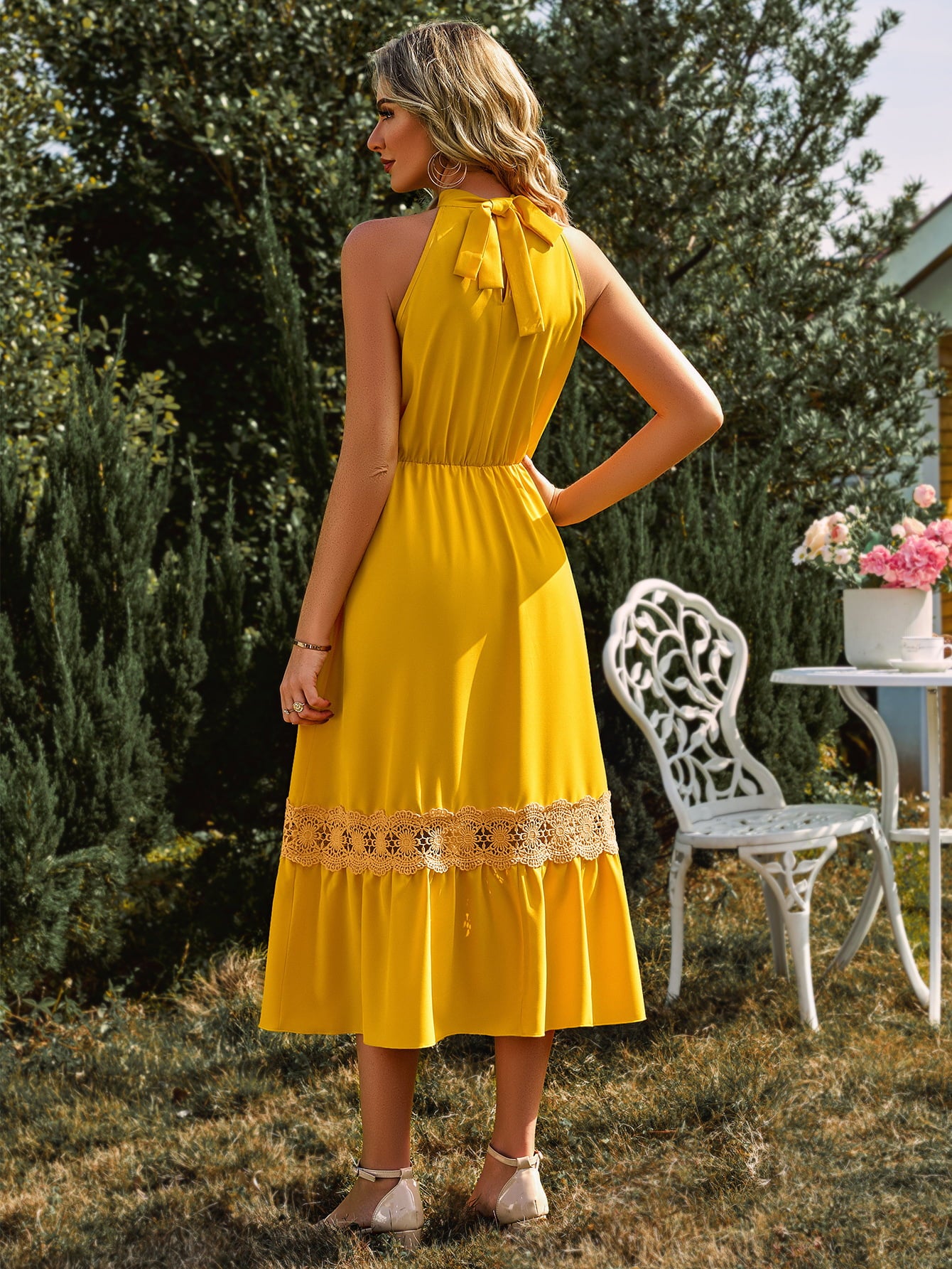 Grecian Neck Spliced Lace Midi Dress - Lecatta