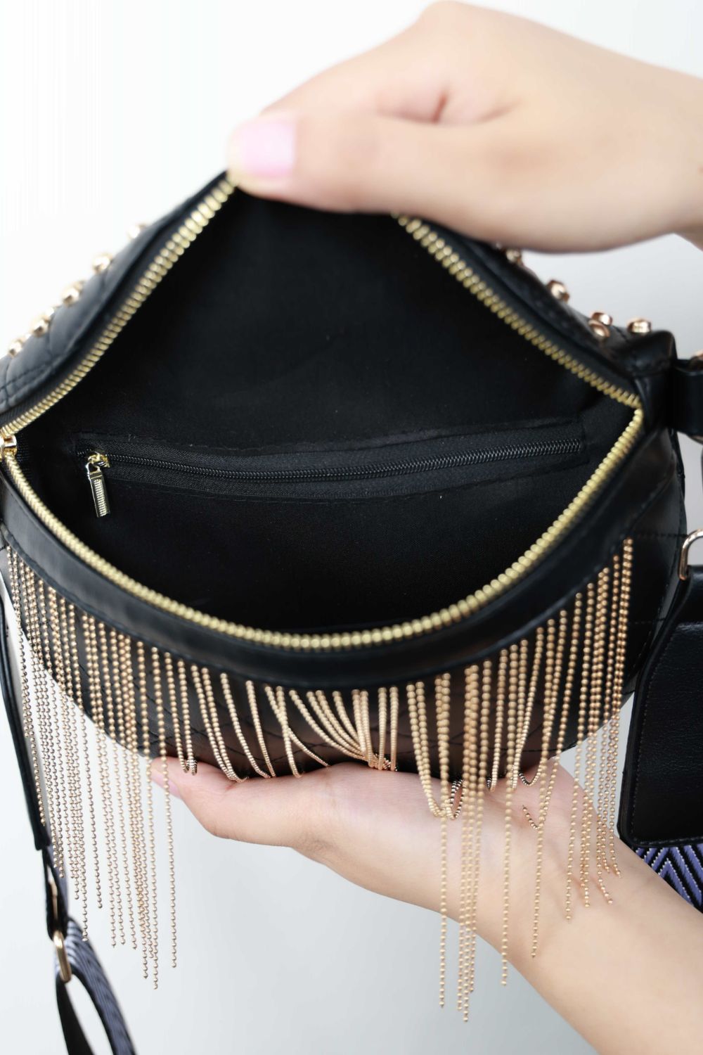 Faux Leather Studded Sling Bag with Fringes - Lecatta