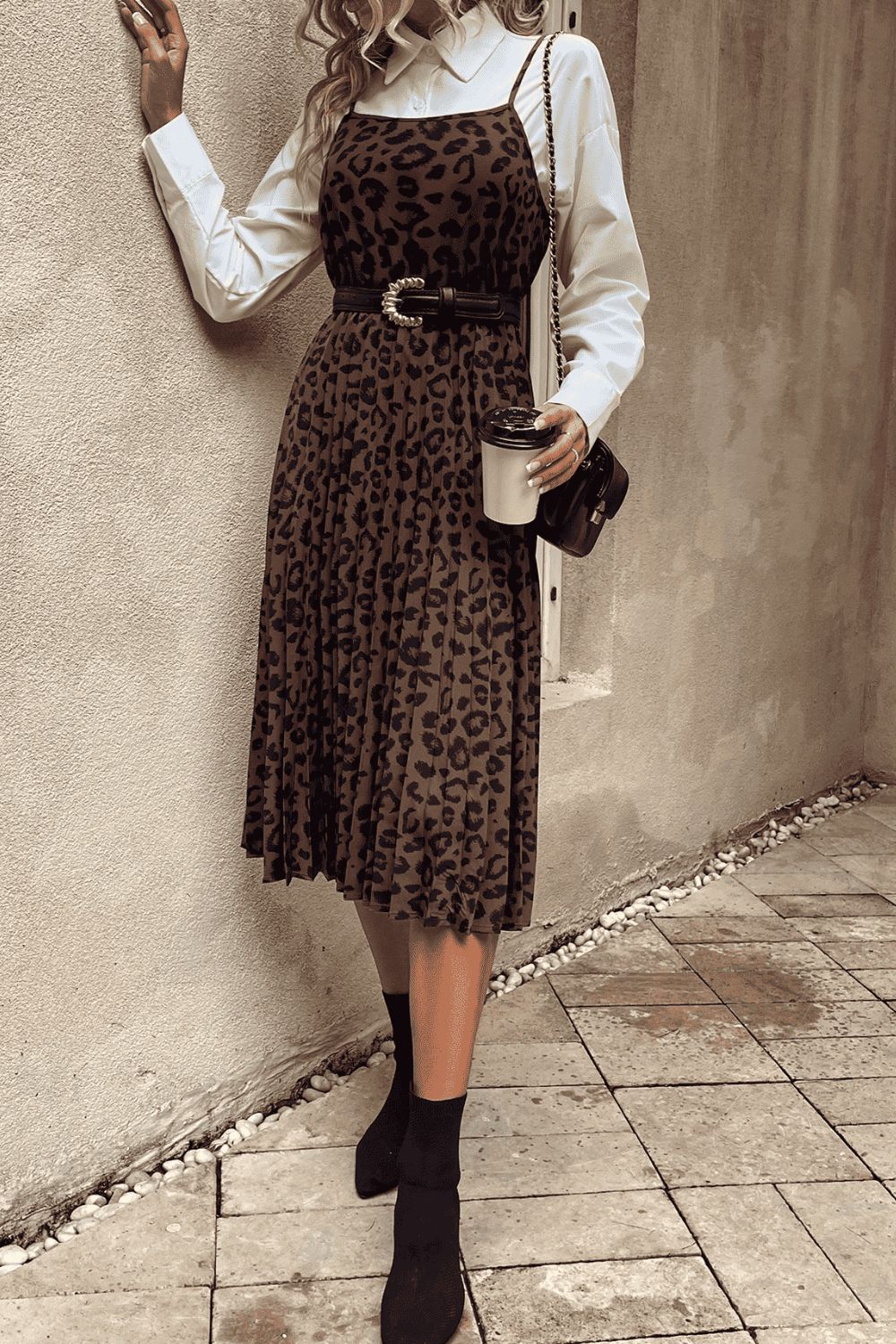 Leopard Print Spaghetti Straps Straight Neck Midi Dress - Lecatta