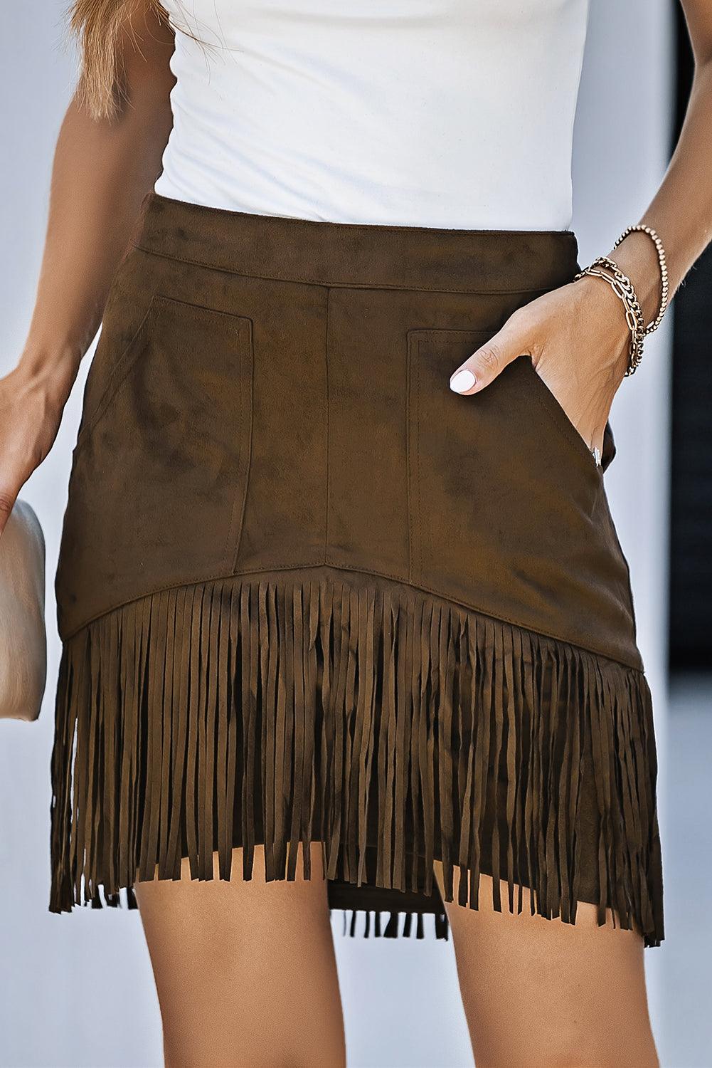 Fringe Detail Zip-Back Skirt with Pockets - Lecatta