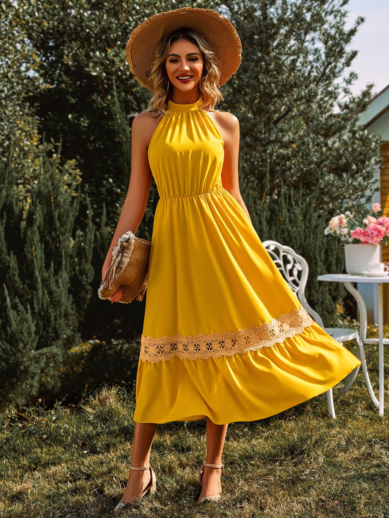Grecian Neck Spliced Lace Midi Dress - Lecatta
