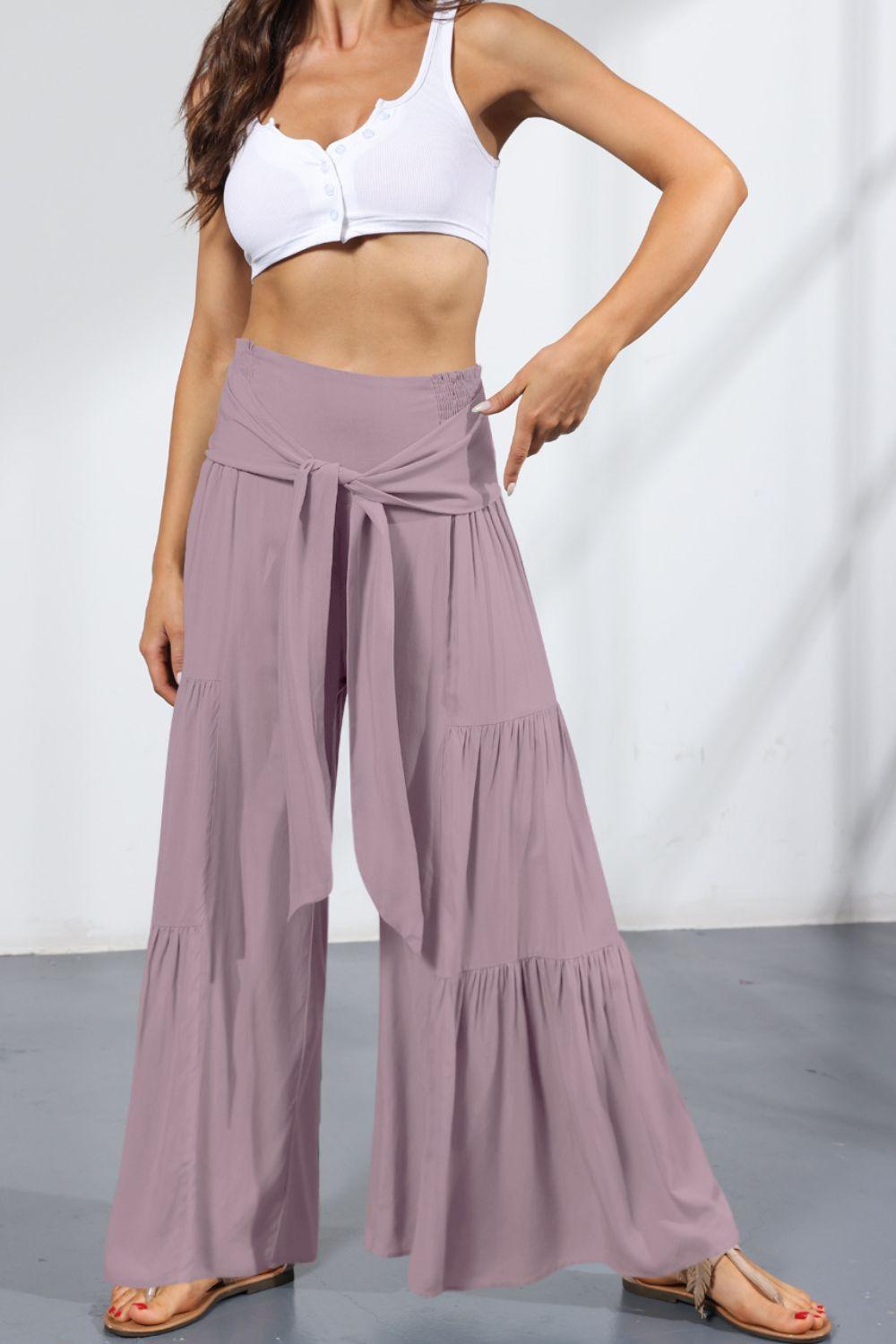 Tie Front Smocked Tiered Culottes - Lecatta
