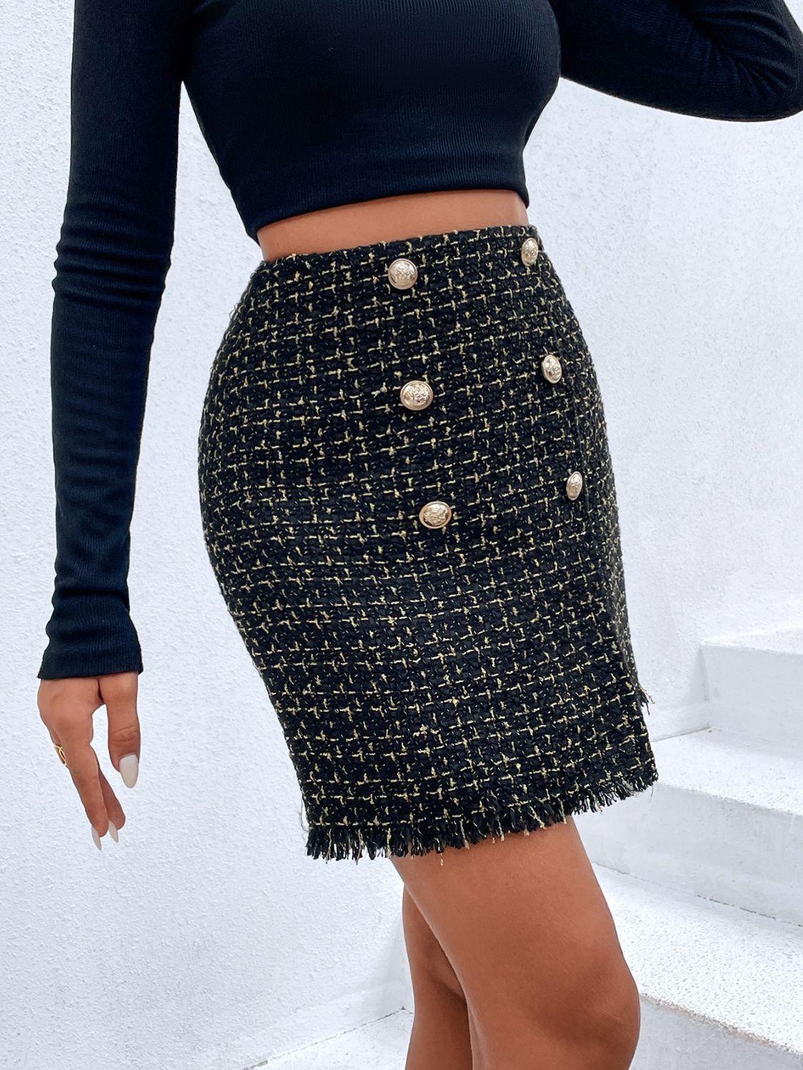 Plaid Double-Breasted Fringe Hem Skirt - Lecatta