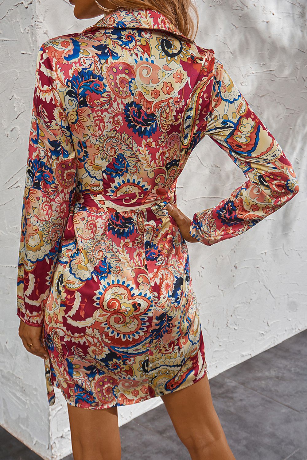 Printed Surplice Neck Long Sleeve Mini Dress - Lecatta