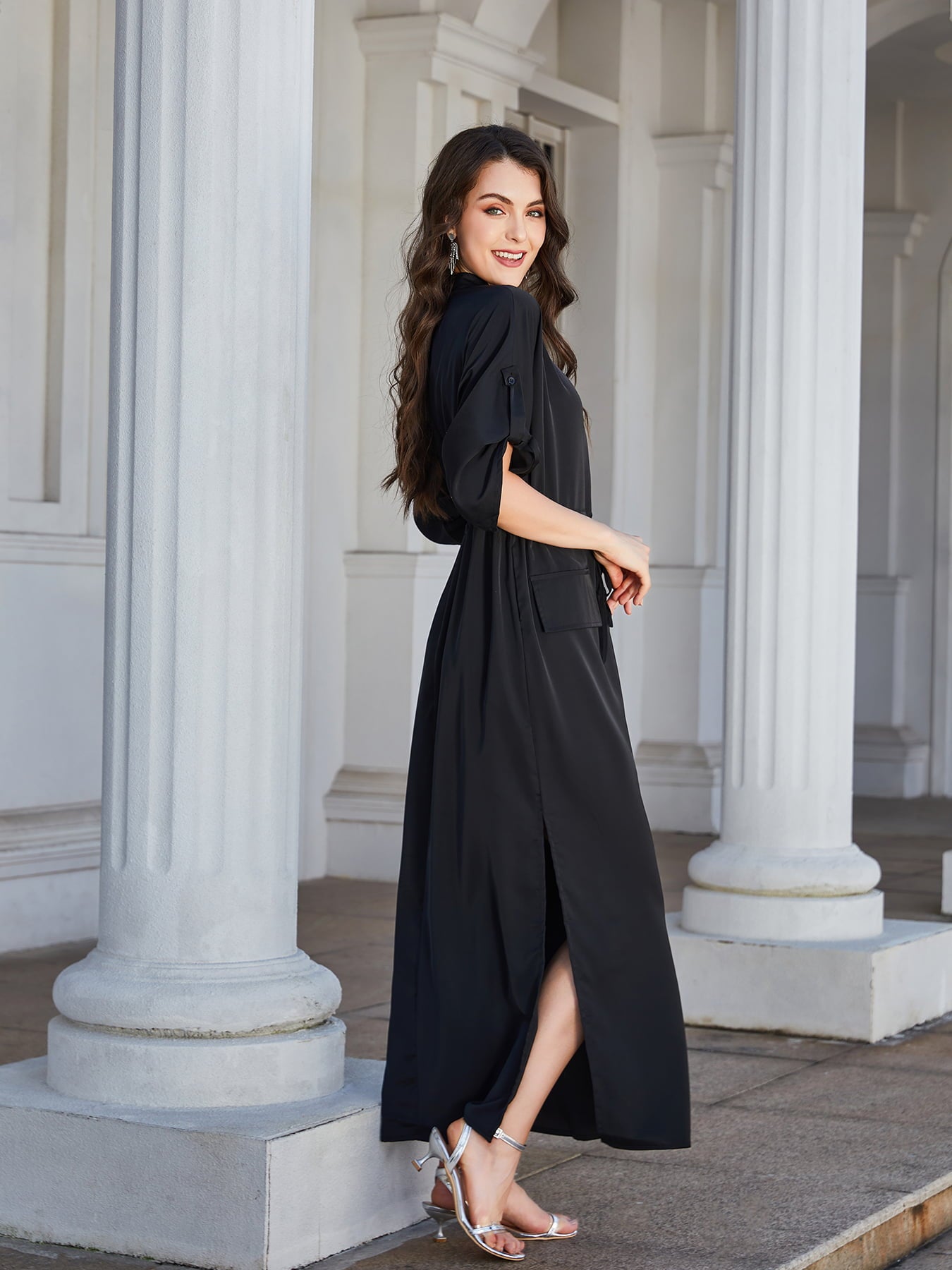 High Slit Roll-tab Sleeve Notched Neck Maxi Dress - Lecatta