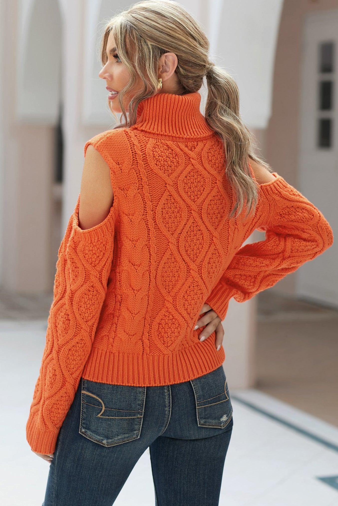 Cold Shoulder Textured Turtleneck Sweater - Lecatta