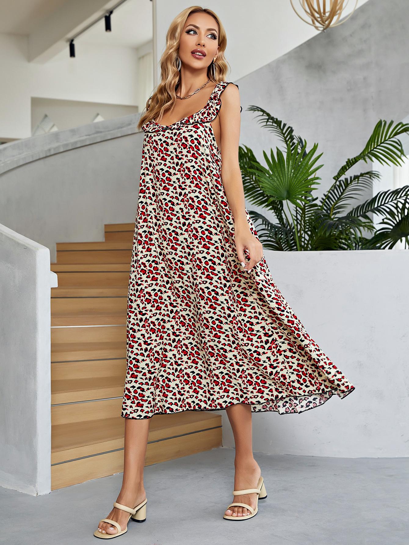 Printed Ruffled Sleeveless Midi Dress - Lecatta