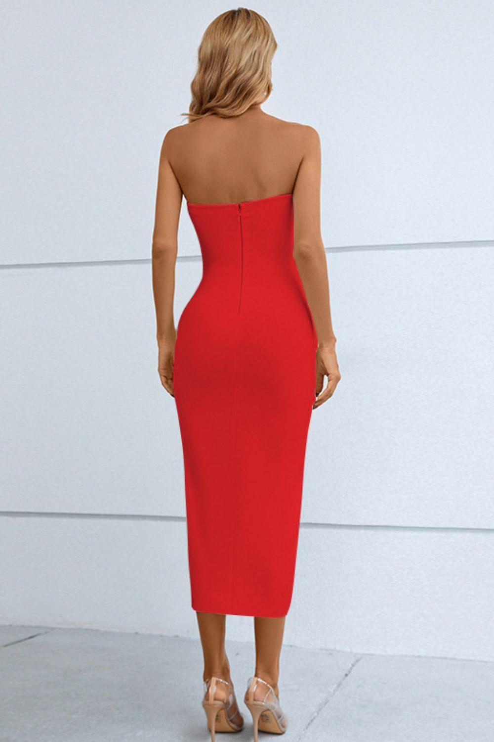 Cutout Strapless Drawstring Detail Split Bandage Dress - Lecatta