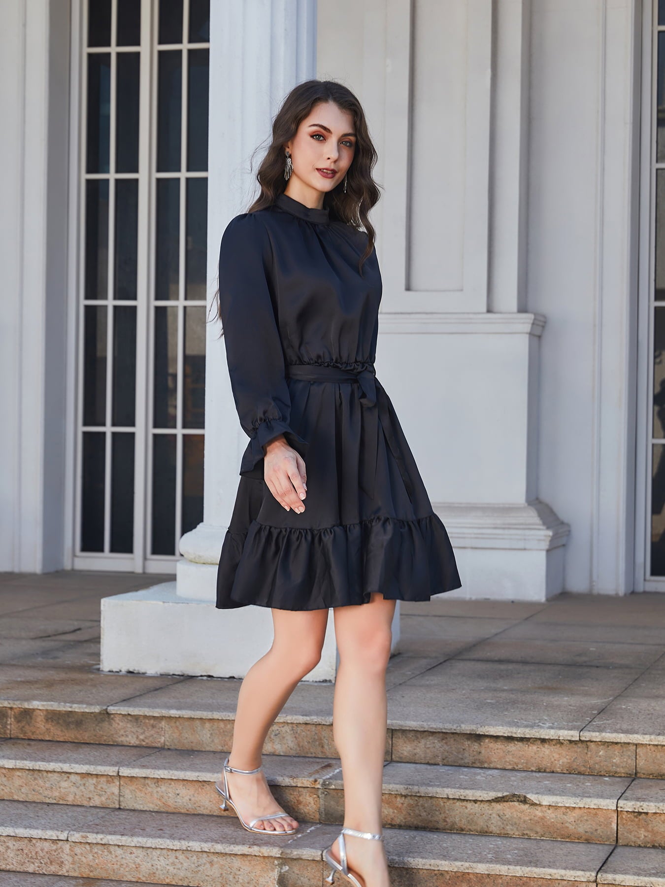 Ruffle Hem Tie Belt Mock Neck Knee Length Dress - Lecatta