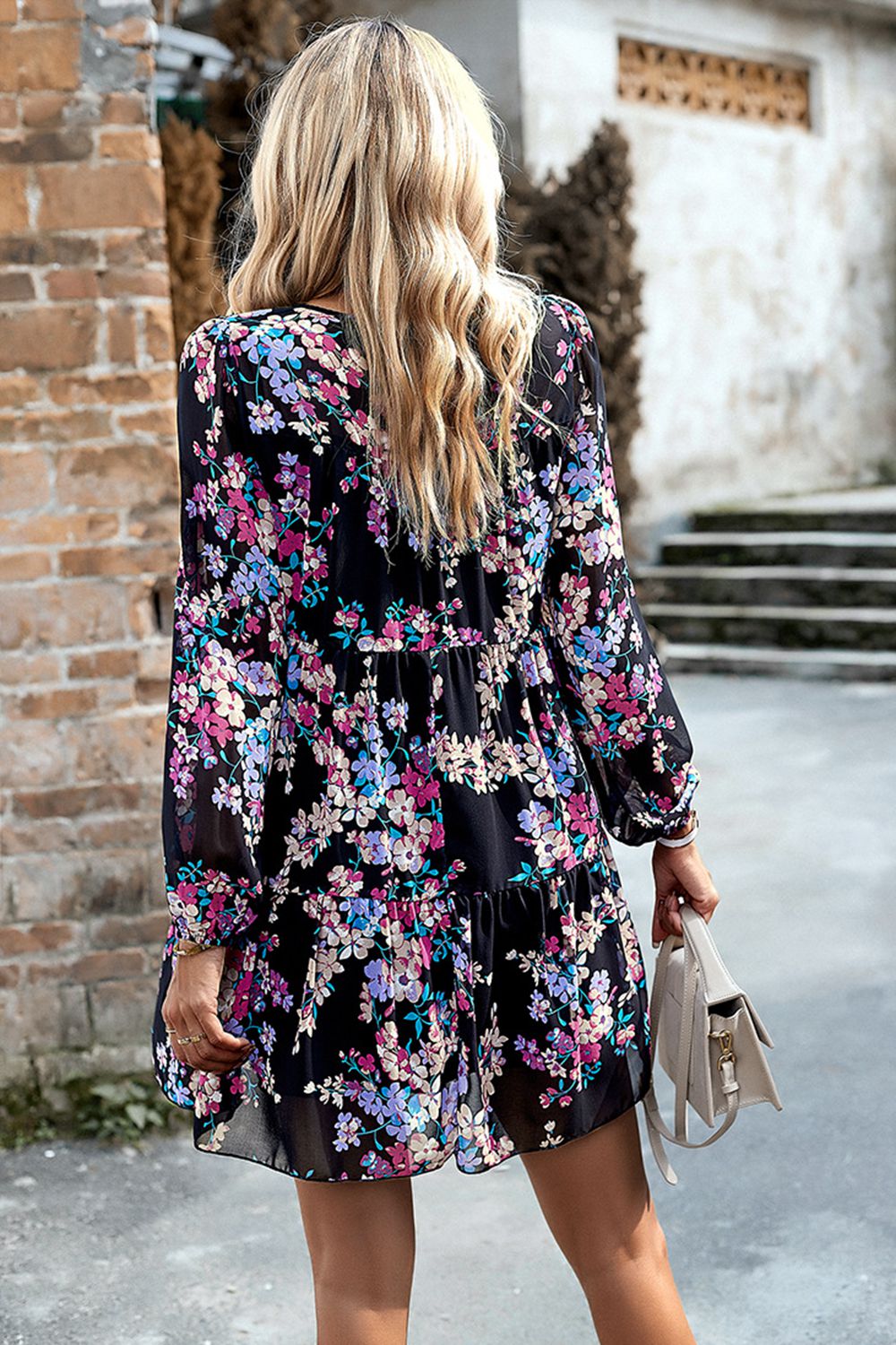 Smocked Floral Print Long Sleeve Mini Dress - Lecatta