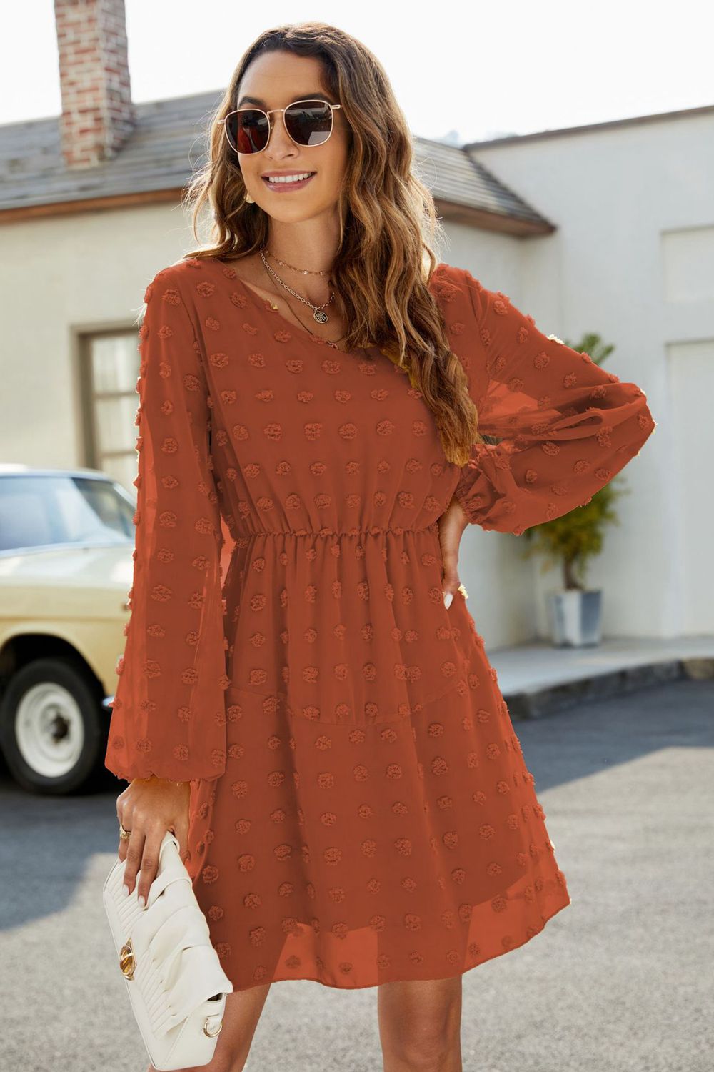 Swiss Dot V-Neck Lantern Sleeve Mini Dress - Lecatta