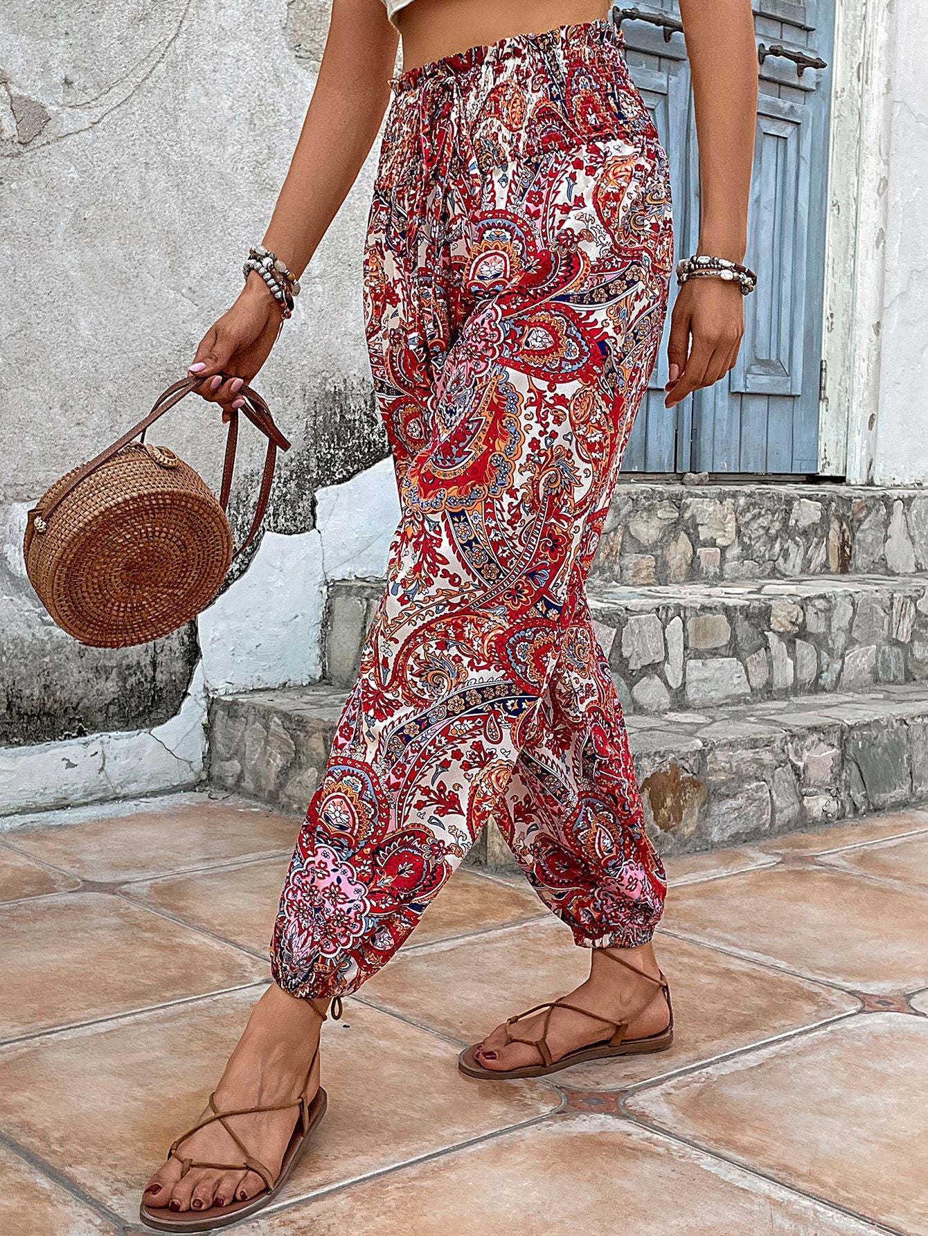 Paisley Print Smocked High-Waist Pants - Lecatta