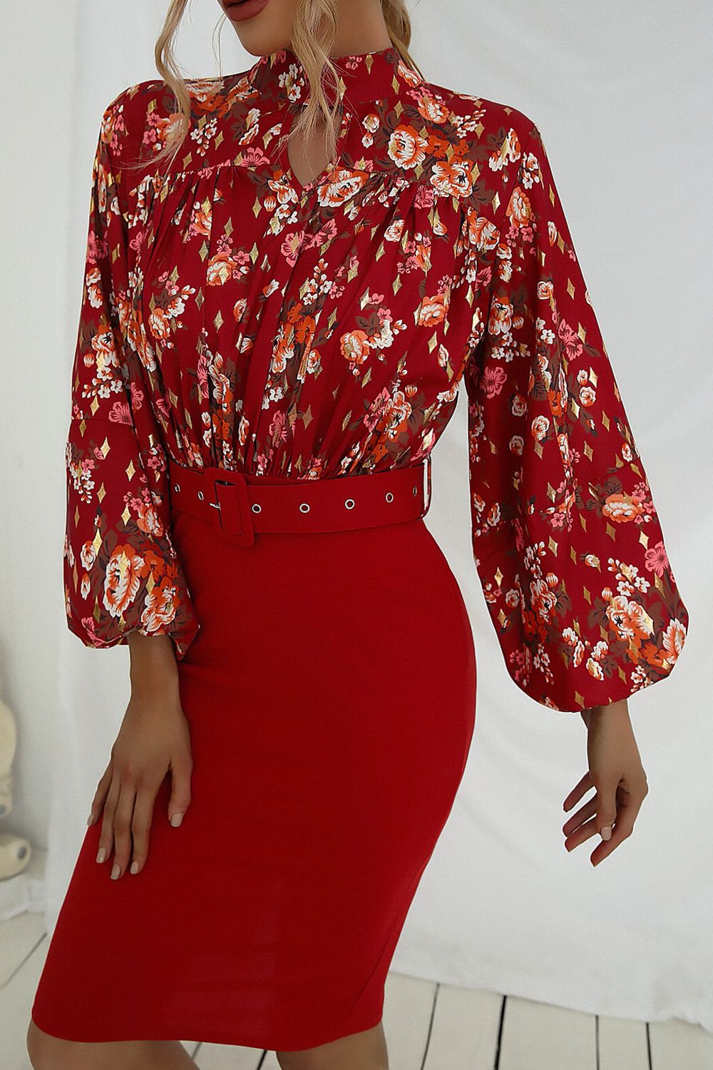 Floral Print Mock Neck Lantern Sleeve Dress - Lecatta
