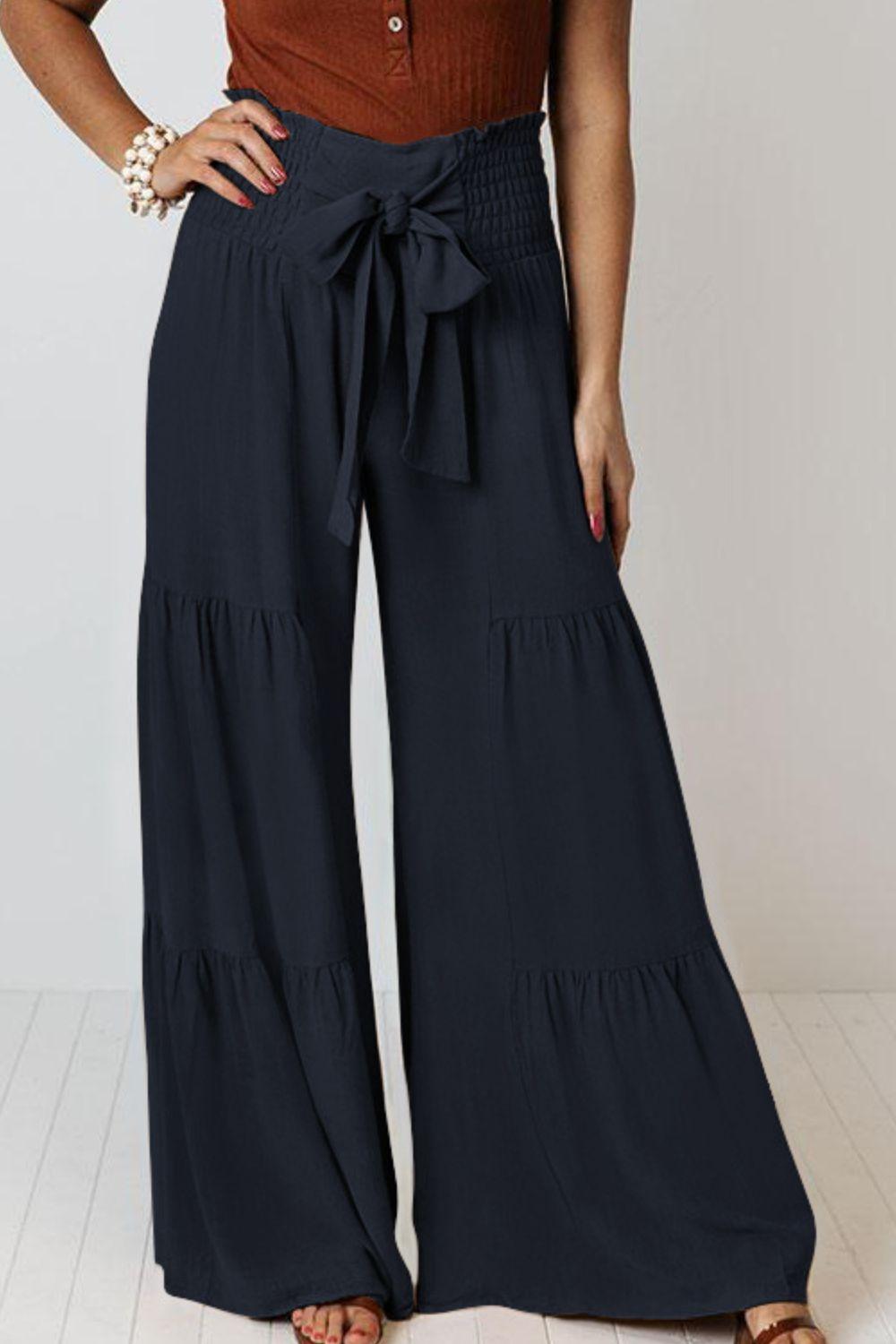 Tie Front Smocked Tiered Culottes - Lecatta