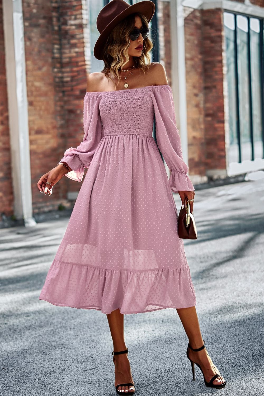 Swiss Dot Smocked Square Neck Dress - Lecatta