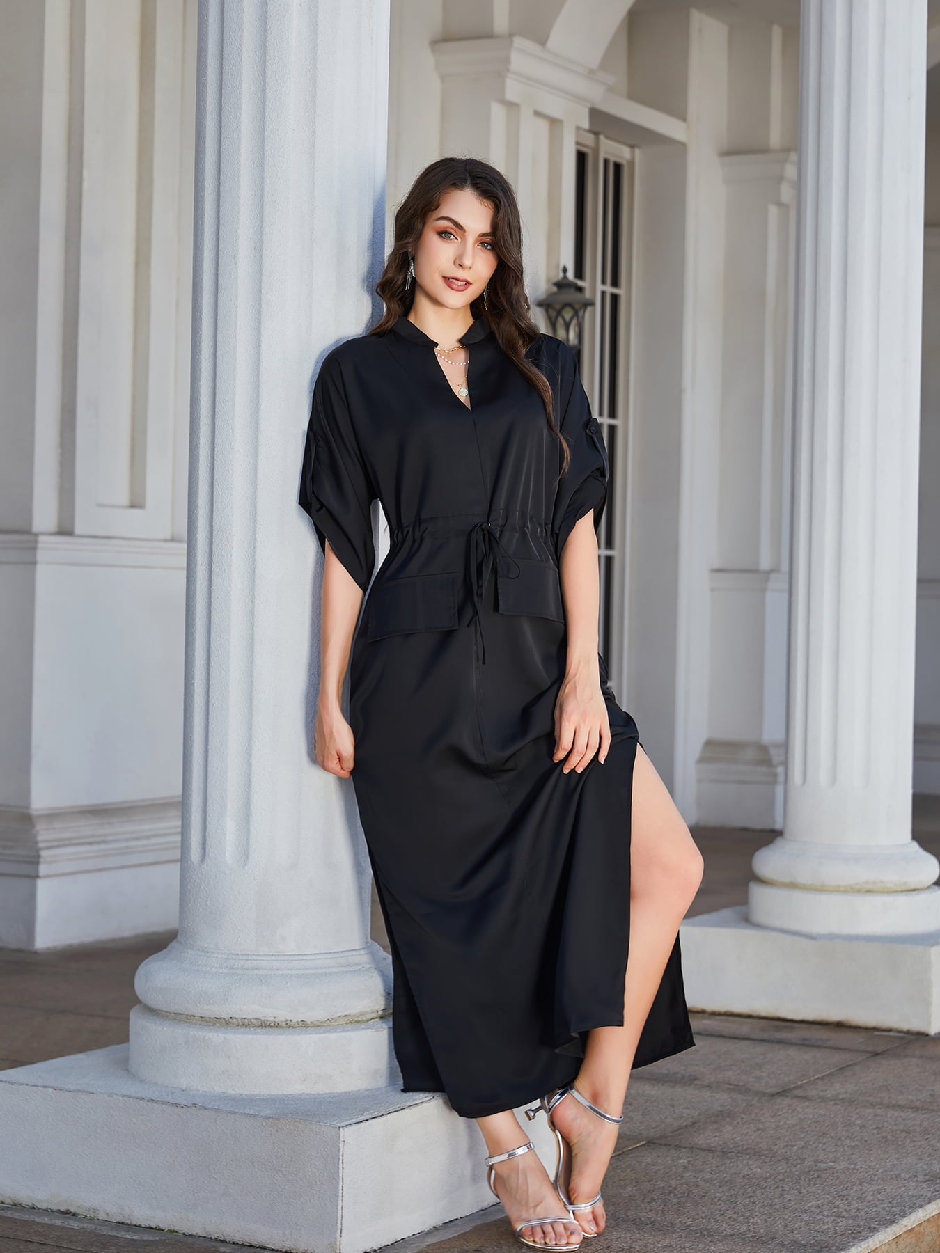 High Slit Roll-tab Sleeve Notched Neck Maxi Dress - Lecatta