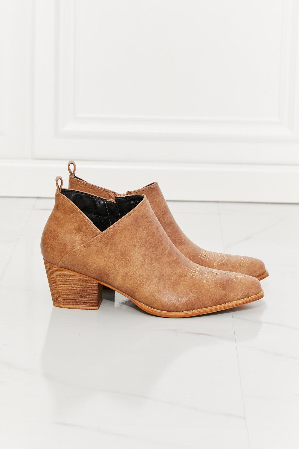 MMShoes Trust Yourself Embroidered Crossover Cowboy Bootie in Caramel - Lecatta