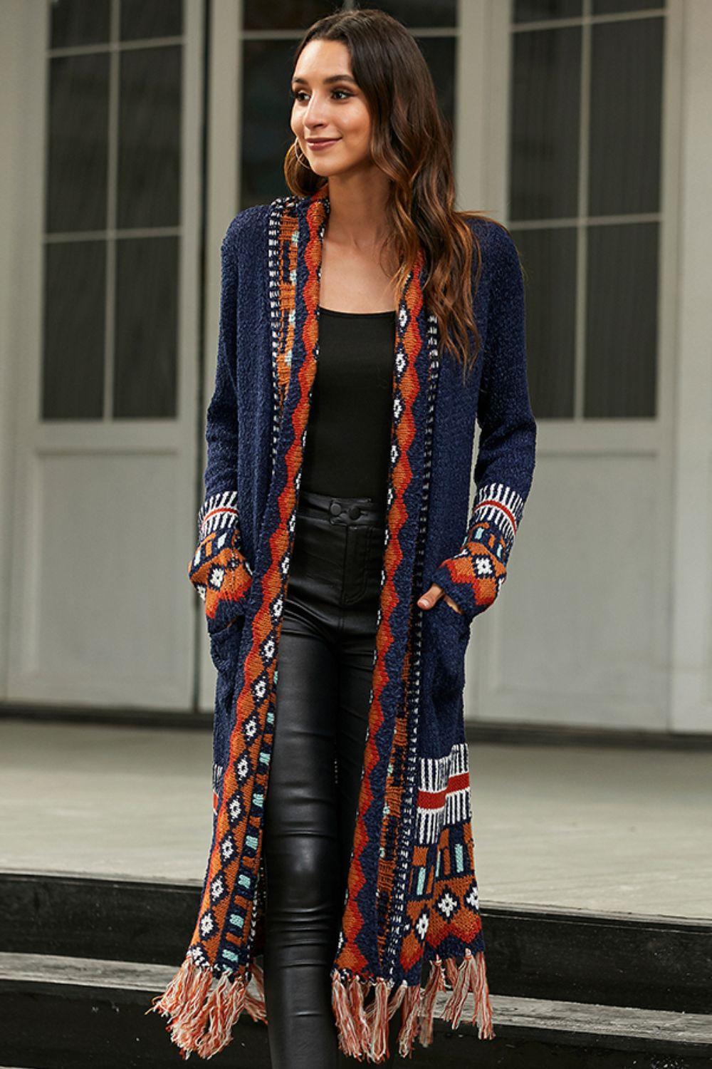 Bohemian Tassel Hem Open Front Duster Cardigan - Lecatta